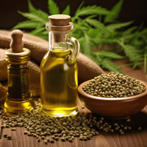 hemp seed oil in a small bottle and hemp seeds in a wooden saucer