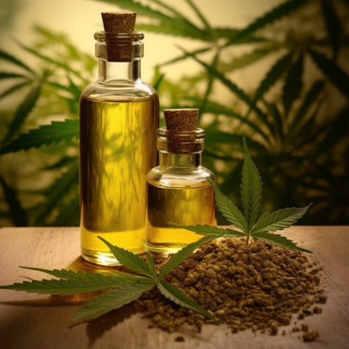 hemp seed oil in a bottle; hemp seeds; and cannabis leaves (on the table)