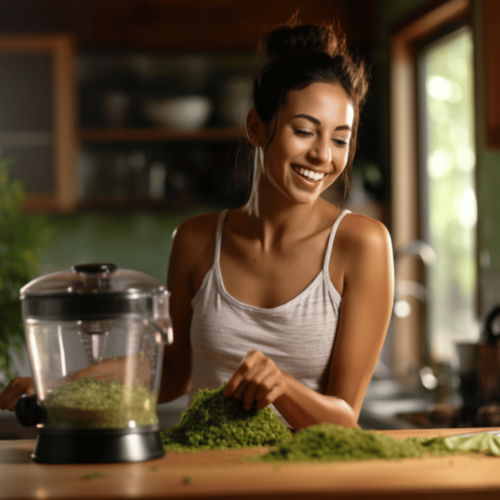 woman blending hemp seeds in the kitchen