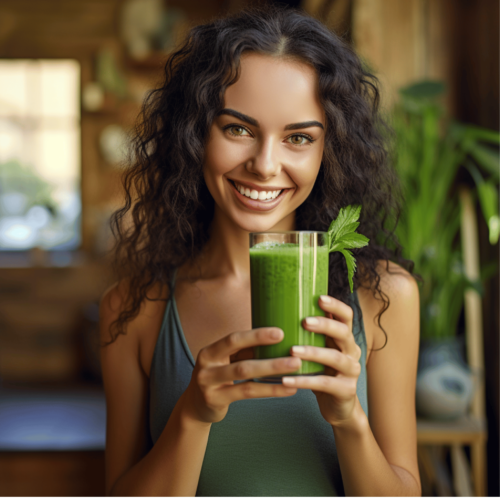 woman holding green smoothie mixed with hemp seeds