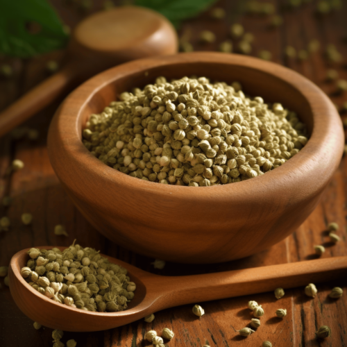 a close up shot of hemp seeds in a wooden saucer