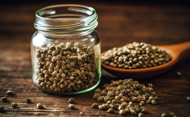 A close - up of a handful of tiny hemp seeds resting on a wooden table, with a glass jar in the background.