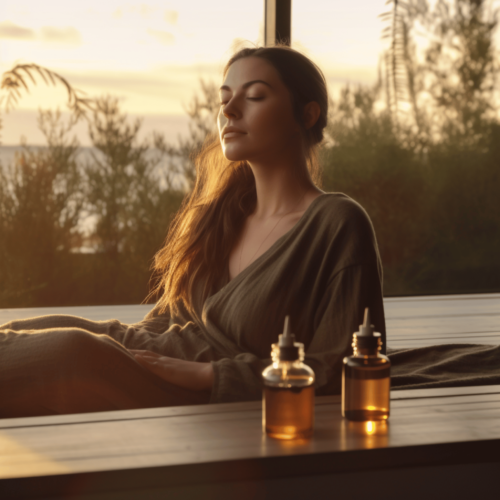 woman meditating with a hemp seed oil tincture nearby, symbolizing relaxation and inner balance