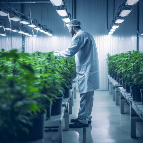 Worker inspecting indoor cannabis cultivation facility