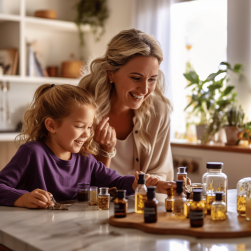 mother and daughter; hemp seed oils on the table