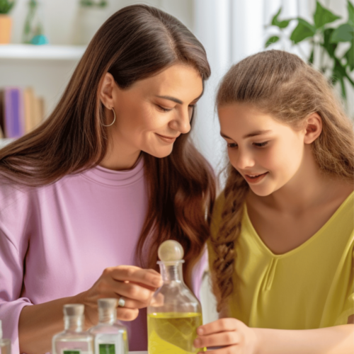 mother and teenager daughter checking out hemp seed oil