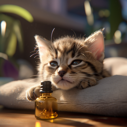 a kitten with cbd oil in front