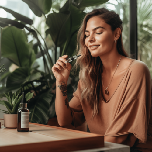 a woman in casual clothing using a dropper from a CBD oil tincture, in a calm relaxed setting.