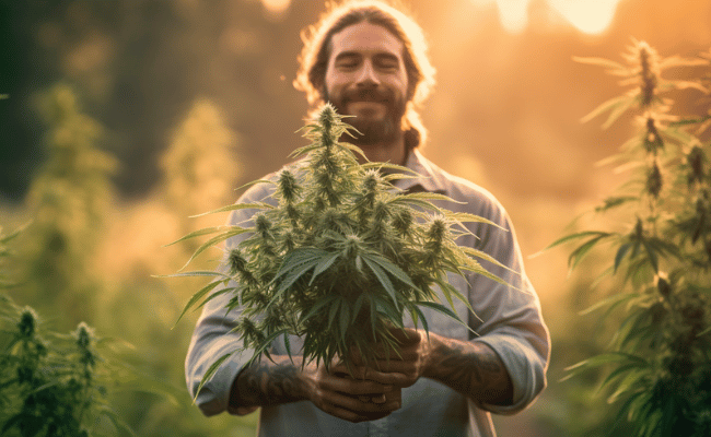 A photo of a man holding a cannabis plant, sunny summer day