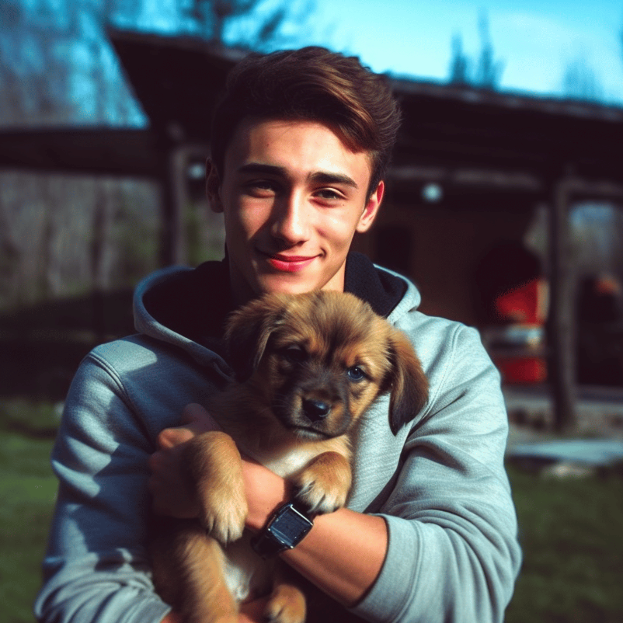 18 year old man, holding in his hands a puppy