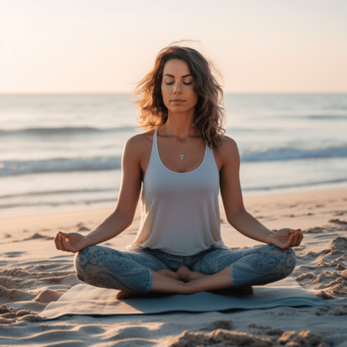 A woman sits cross - legged on a sandy beach, eyes closed, taking deep breaths.