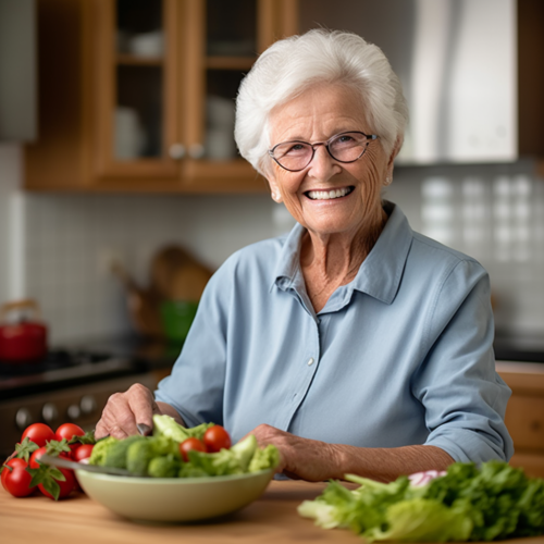 A senior woman sitting in her bright, clean kitchen and eating salad.