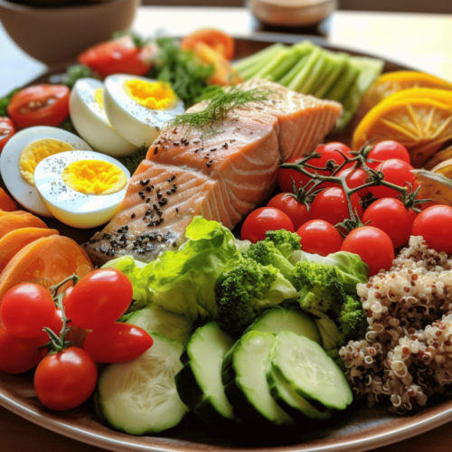 A balanced plate of food with lean proteins, whole grains, colorful vegetables, and healthy fats