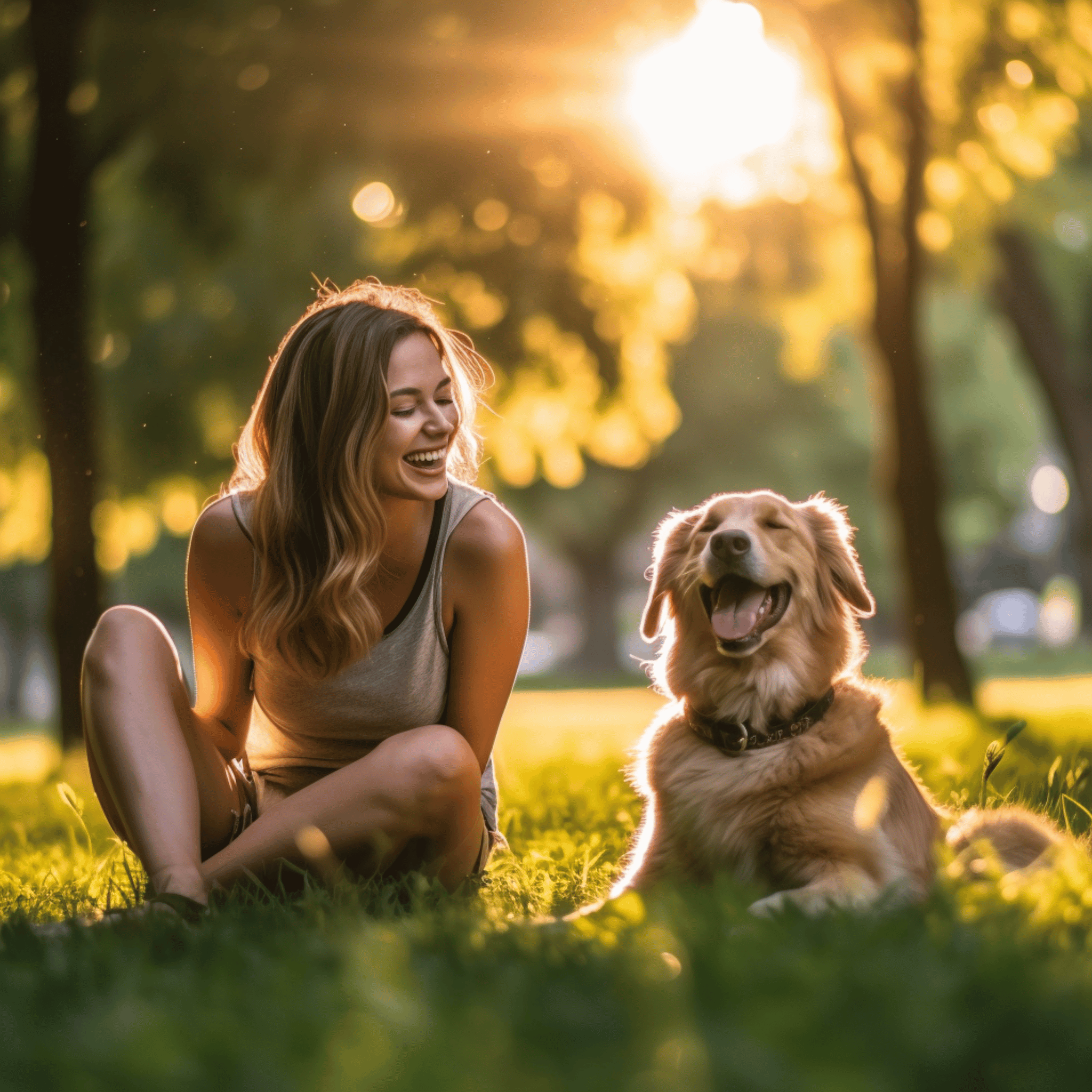 image of a laughing person kneeling in a sunny park playing with a happy dog