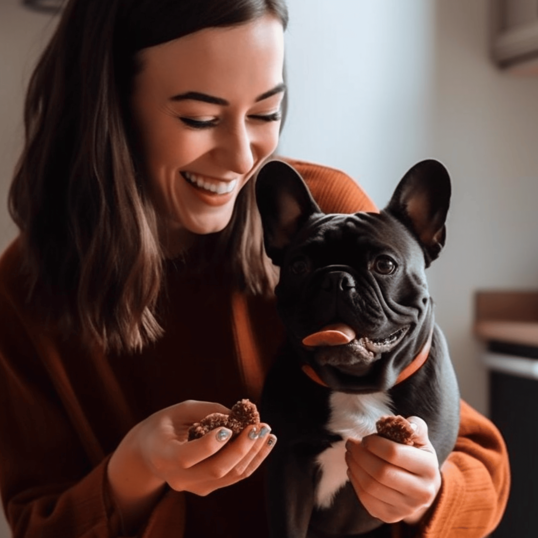 A happy woman feeding her french bulldog some CBD dog treats