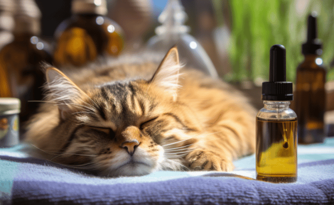 a cat lying with cbd oil in front