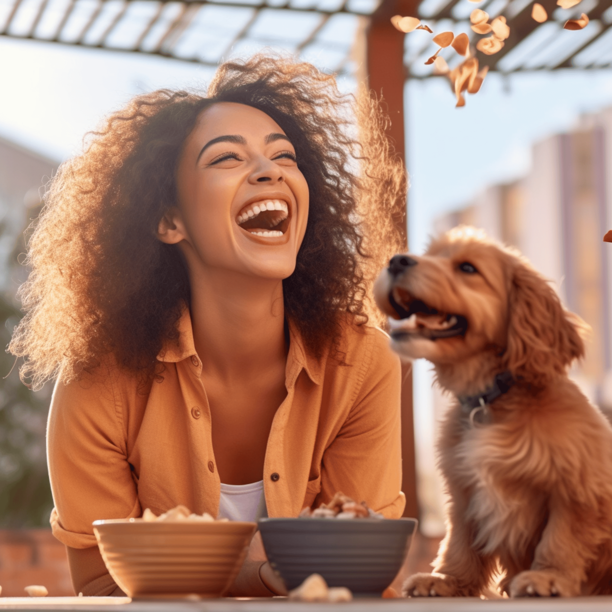 a happy person playing with a lively dog, with dog food and a pet bowl placed nearby