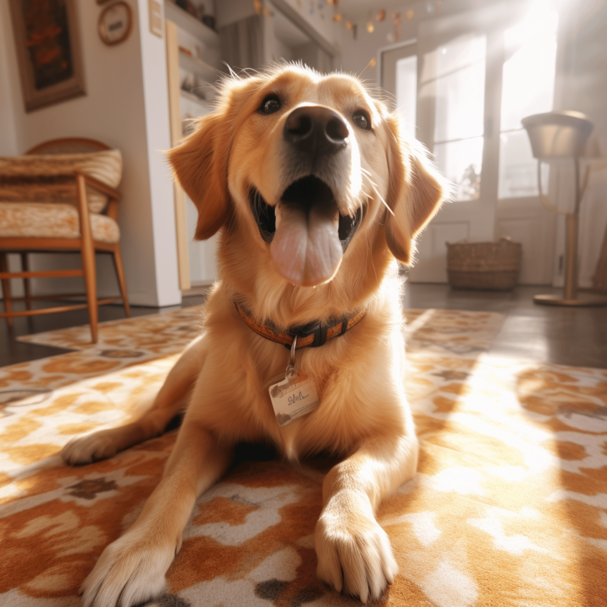 Happy dog sitting on the floor looking up