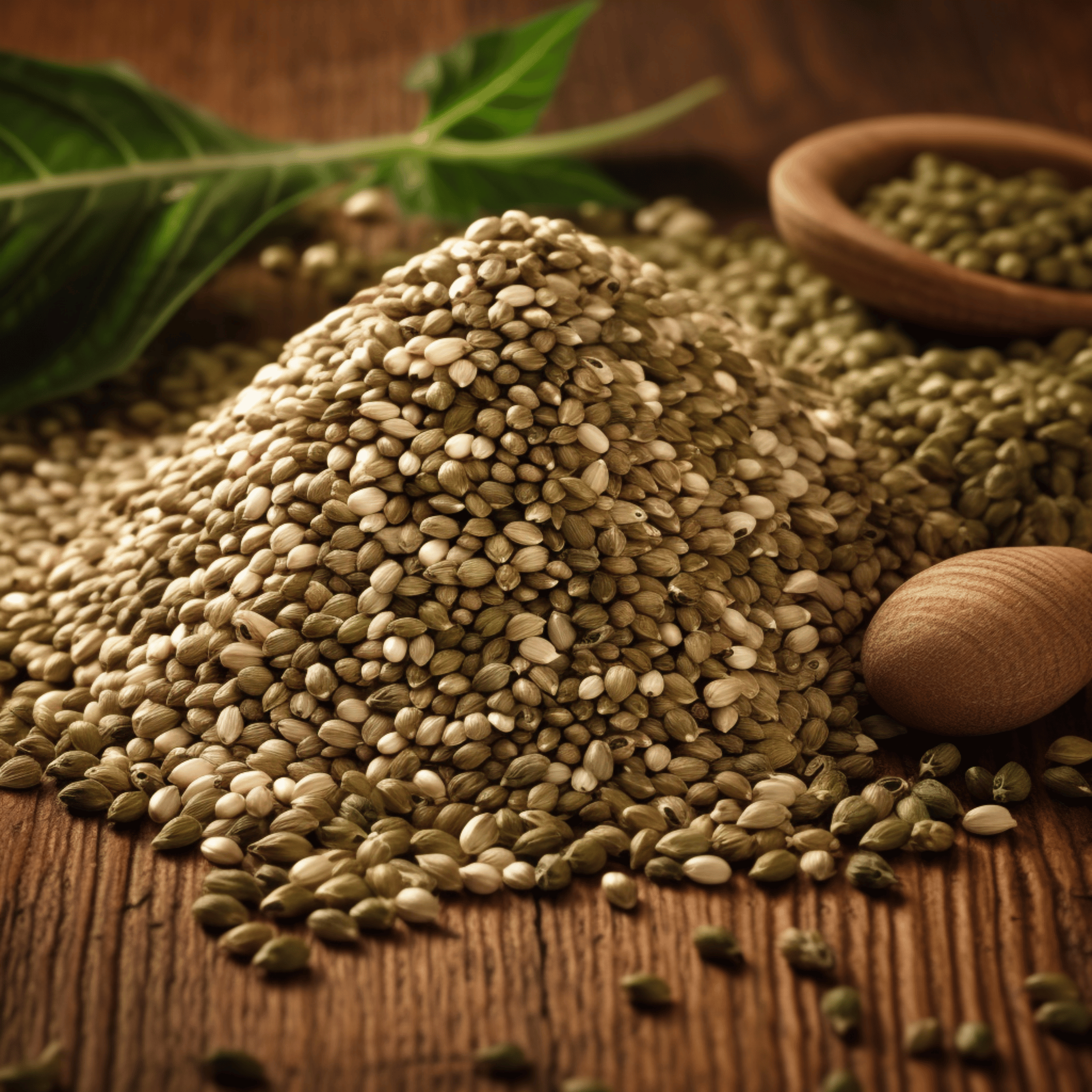 A pile of nutritious hemp seeds on a wooden surface, with a few seeds scattered around