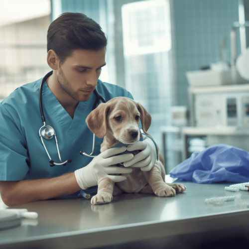 a young puppy sitting on an examination table in a pet hospital with a pet doctor wearing a mask and gloves is carefully examining the puppy's body