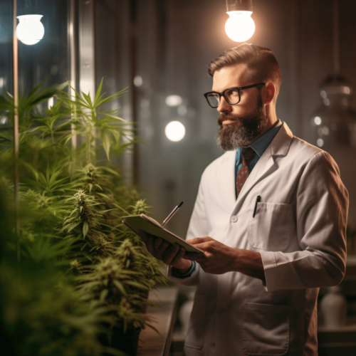 a scientist with a clipboard and safety goggles looking at an indoor cannabis grow