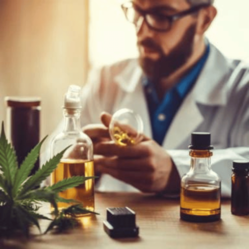 researcher checking cbd oil; cbd leaf