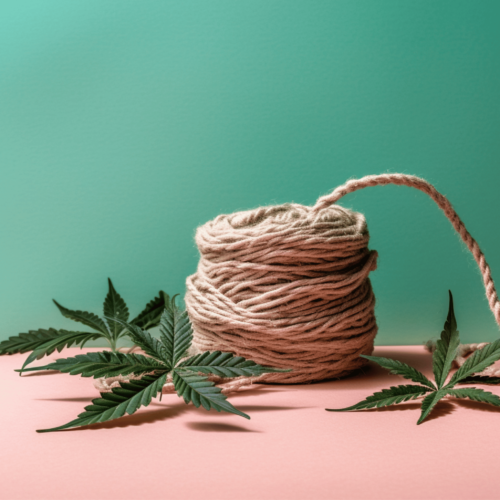 hemp rope, three cannabis leaves in turquoise-green background and pink surface 