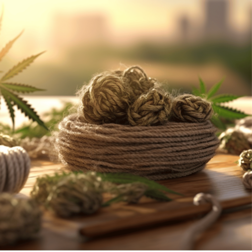 thin hemp rope on a wooden board; surrounding with cannabis leaves