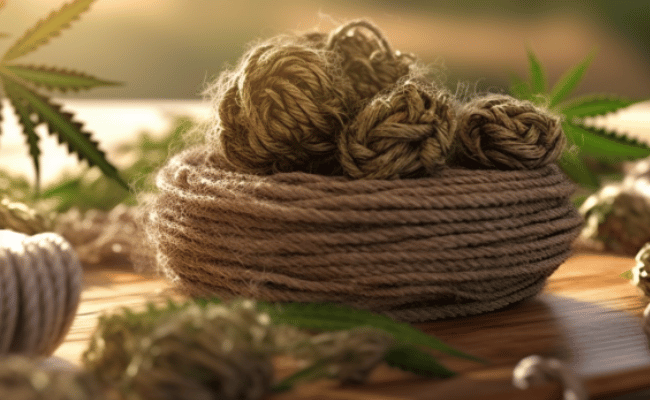 thin hemp rope on the table with cannabis leaves in a morning sunrise