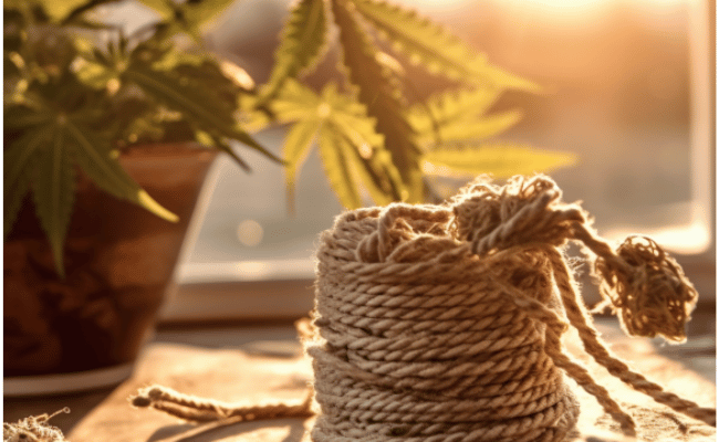 closeup of a hemp rope on the table while on a morning sunrise background