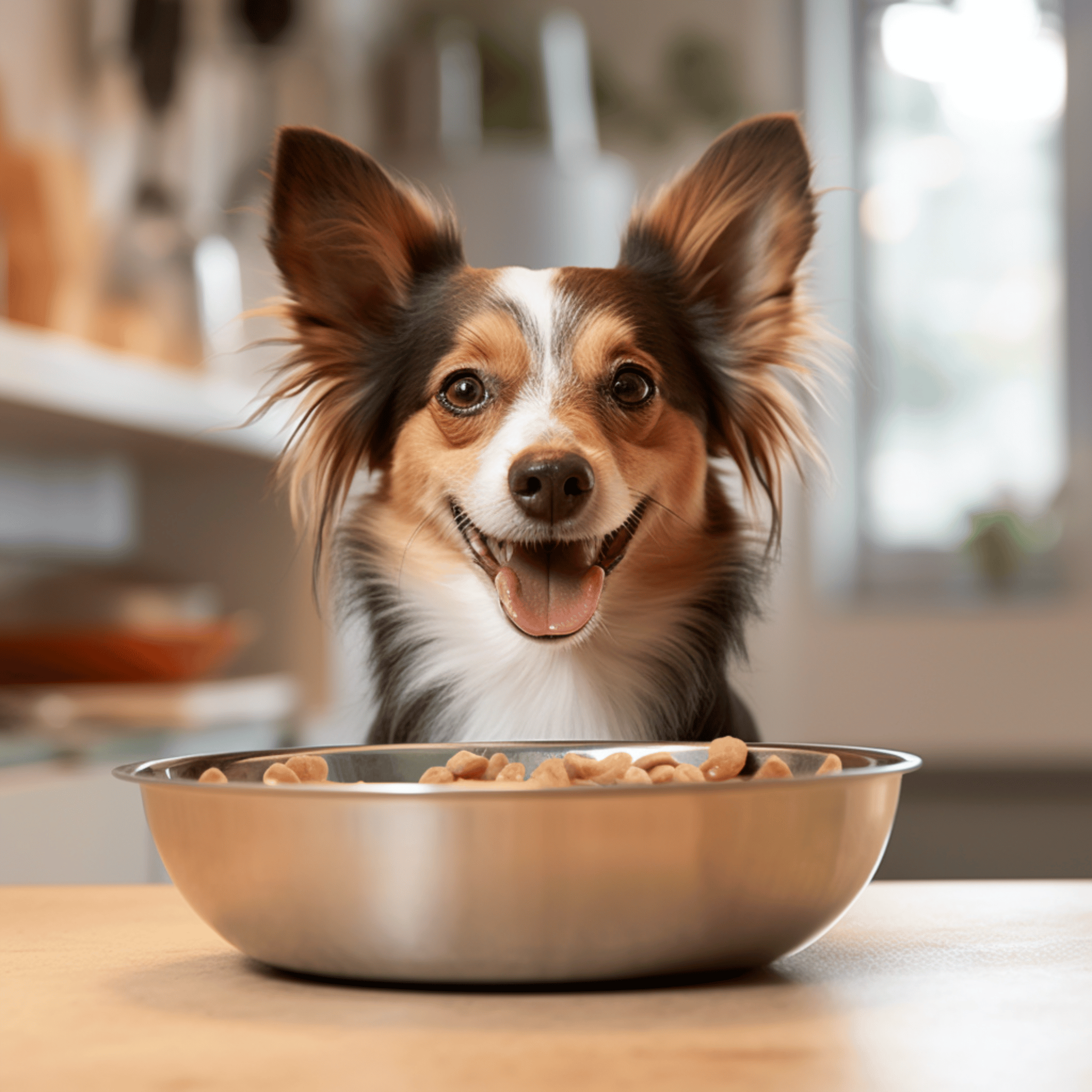 a happy small dog eating dog food mixed with hemp seeds in a steel bowl