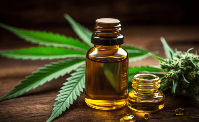 Medical cannabis products and hemp leaf, CBD oil.