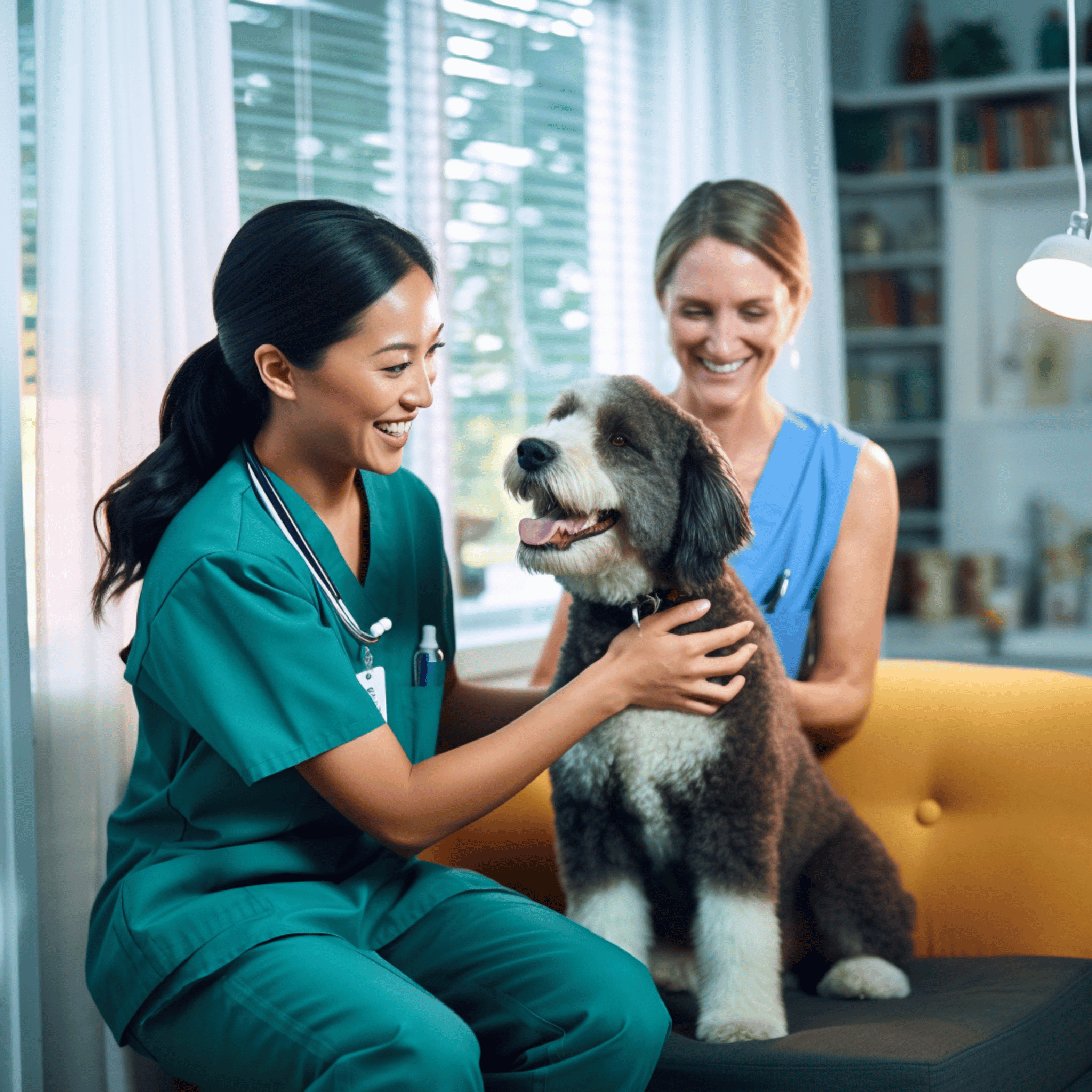 a veterinarian dressed in green scrubs examining dog with its owner wearing blue blouse