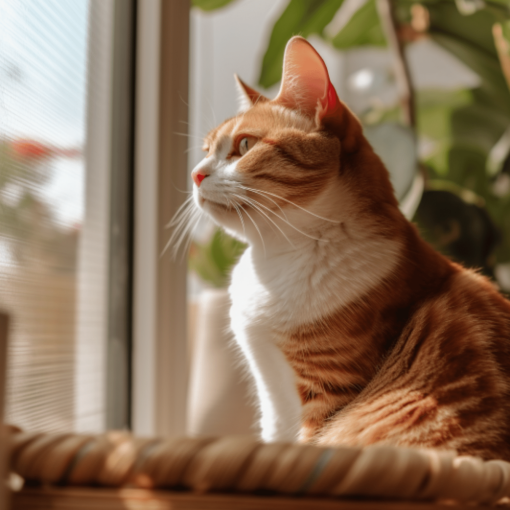 white orange colored cat looking out at the wndow