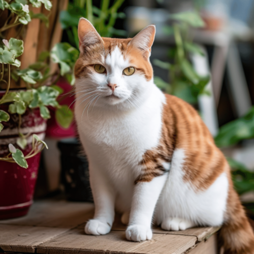 orange white cat with plants in the background