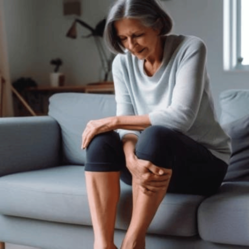 full body shot photo of a middle - aged woman pressing both hands on her right shin and calf, rubbing it due to joint pain