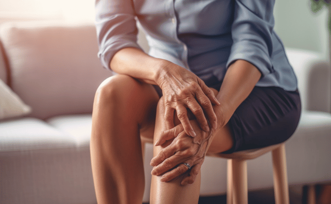Low angle wide shot of middle aged women in knee pain, holding his knee