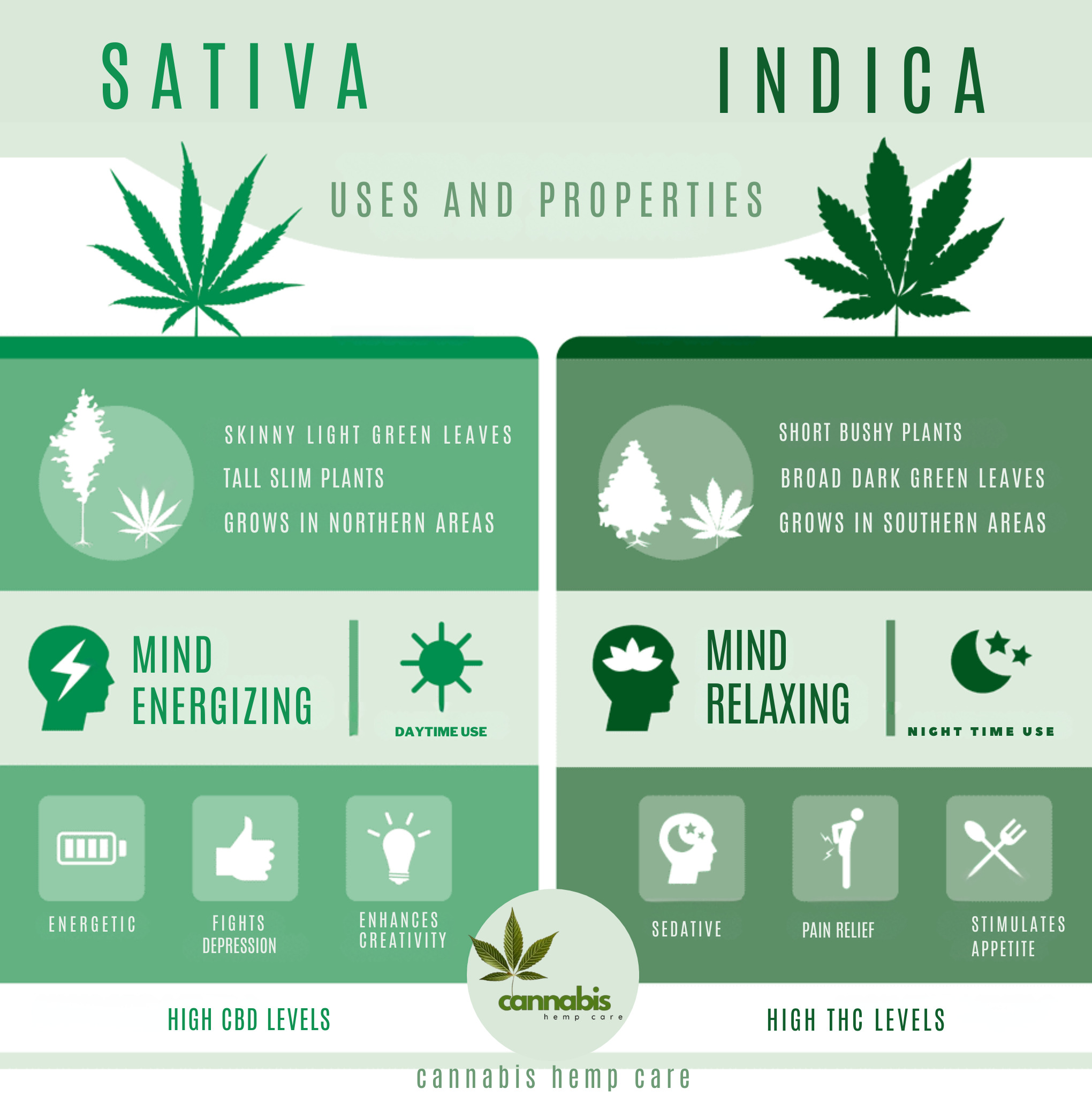 sativa and indica, uses and properties