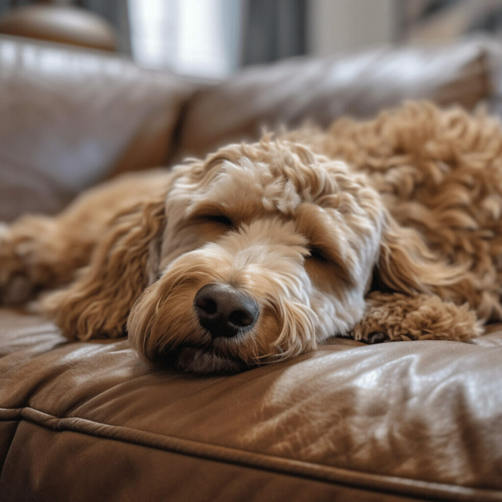 A labradoodle sleeping peacefully on a brown leather sofa