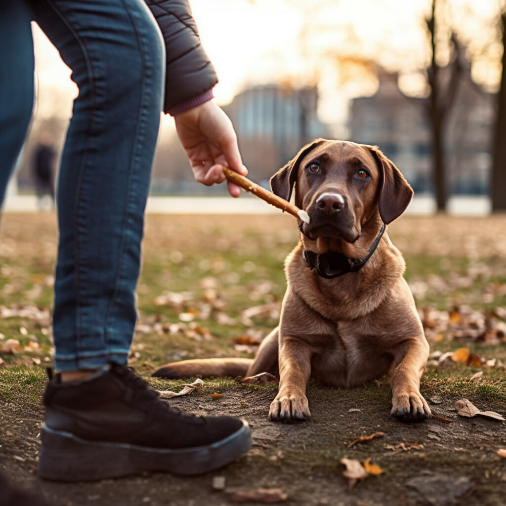 Lab dog medium size being fed a CBD Dog treat by its owner outside in the park