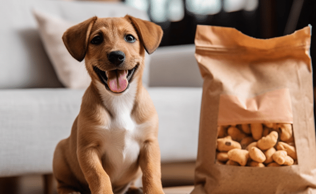 a bag of CBD Treats for dogs in a cozy home environment